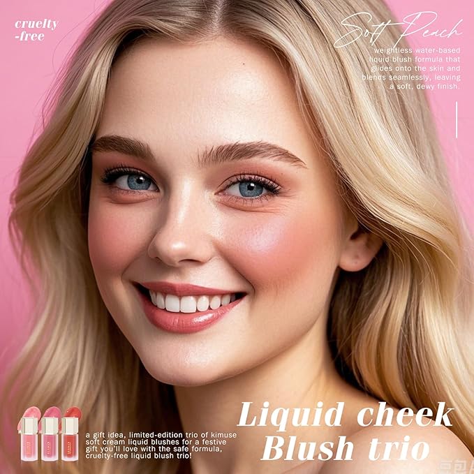 KIMUSE Liquid Blush - Soft Cream Blush for Cheeks, Long-Wearing, Waterproof & Smudge Proof, Dewy Finish