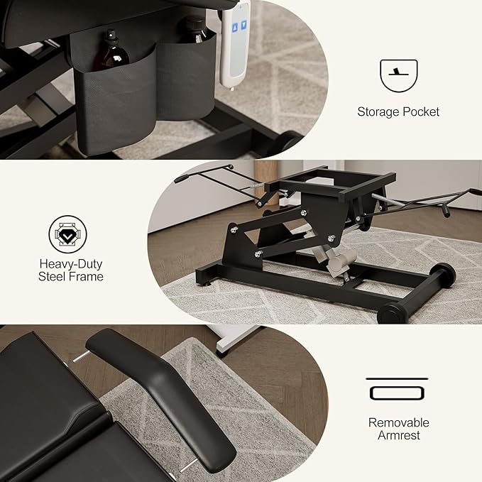 Icoget Electric Tattoo Chair Esthetician Bed and Stool, Lash Chair for Eyelash, Facial Bed Spa Massage Table for Beauty Microblading, Wax, Black