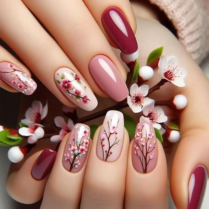 Flower Press on Nails Medium Ballet Shaped Pink Plum Bossom Pattern Design Spring Acrylic False Nails Full Cover Glossy Blossom Artificial Fingernails DIY Reusable Glue on Nail for Women 24Pcs