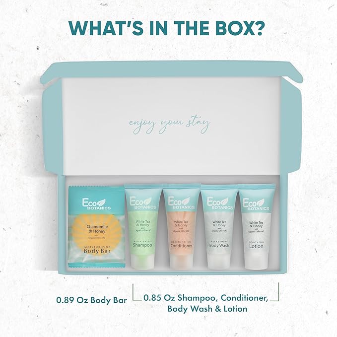 Eco Botanics Amenity Kit | Hotel Bulk Toiletries | 0.85 oz Shampoo, Conditioner, Lotion, Body Wash, Body Bar Soap for Guest Hospitality Vacation Rentals| 1 Set/Case