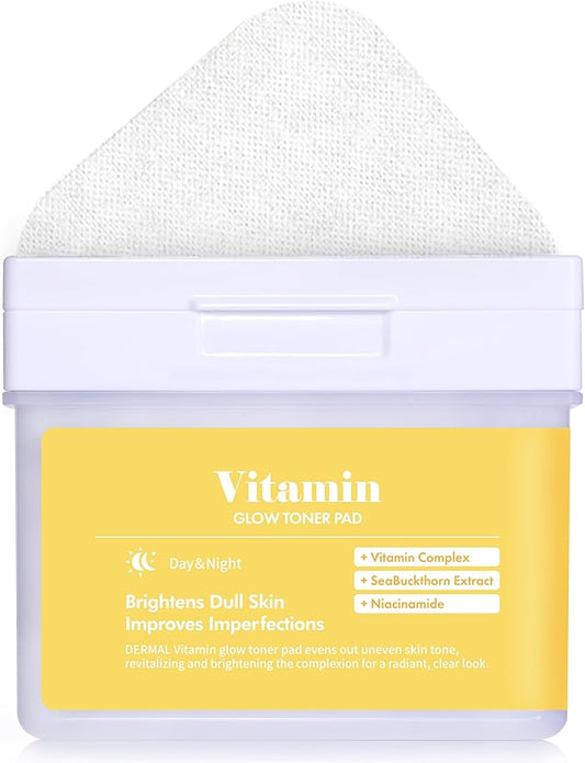 DERMAL Vitamin Toner Pad - Korean Toner Pad for Antioxidant & Skin Glow Radiance Improvement with Vitamin C - Vegan Pure Cotton Square Pads - High Capacity, 120 Sheets