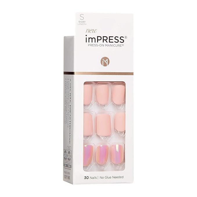 KISS imPRESS No Glue Mani Press On Nails, Design, 'Keep in Touch', Pink, Short Size, Squoval Shape, Includes 30 Nails, Prep Pad, Instructions Sheet, 1 Manicure Stick, 1 Mini File