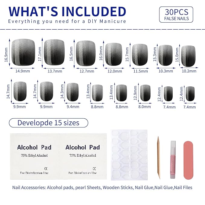 Silver-Black Ombre Press On Nails Short, Glossy Soft Gel Press On Nails Square with Onyx to Chrome Fade Design, Thick Natural Reusable Glue On Nails for Women，15 Sizes - 30Pcs