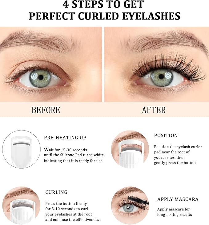 Heated Eyelash Curler Premium PRO - Fast Heat up in 8s - 24 Hours Long Lasting - Rechargeable Electric Eyelash Curler with Type-C, 2 Heat Modes, Anti-Burn Eyelid, Gift for Women Girls, White-AB
