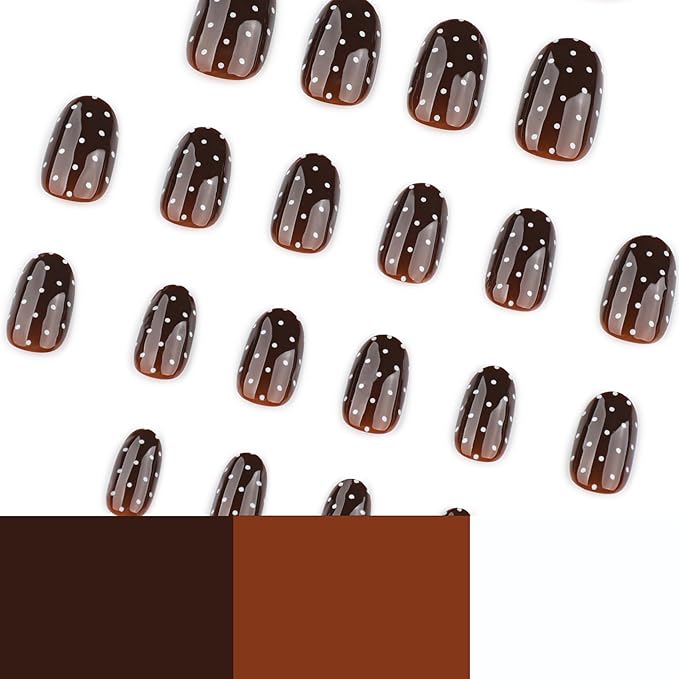Polka Dots Press on Nails Dark Brown Fake Nails Fall Nail Press ons Short Almond False Nail with Design Reusable Artificial Acrylic Glossy Full Cover Glue on Nails for Women Girls Manicure 24Pcs