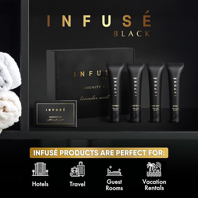 Infuse Black Amenity Kit | Hotel Bulk Toiletries | 1 oz Shampoo, Conditioner, Lotion, Body Wash, Cleansing Bar Soap for Guest Hospitality Vacation Rentals | 1 Set/Case