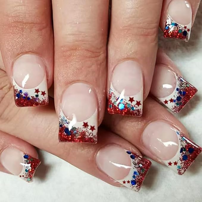 24Pcs Independence Day Nails French Tip Press on Nails Short Square Fake Nails Glitter Star Tip Glue on Nails 4th of July False Nails Patriotic Acrylic Nails for Women Independence Day Artificial Nail