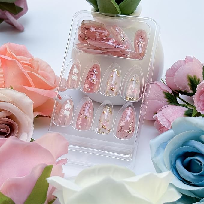 30Pcs Pink Flower Press on Nails Medium Almond Fake Nails with 3D Pearl Bow Rhinestones Design Gilding Peach Blossom False Nails Cute Cat Spring Floral Stick on Nails for Women Summer Decor
