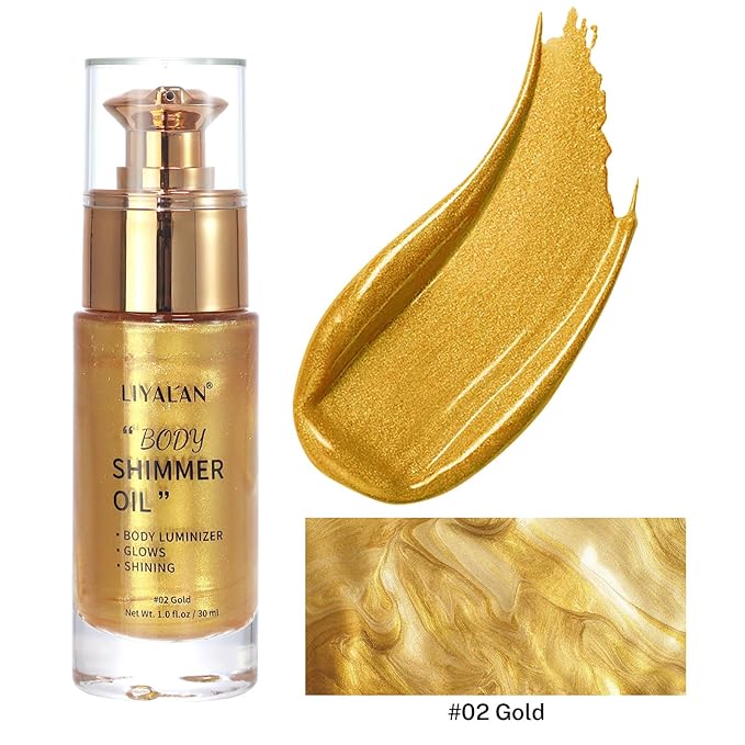 Liyalan Shimmer Body Oil 5 Color Options 1.0 fl.oz Face Glow Pearl Highlighter Illuminator Long-Lasting Shine Glitter Liquid Tanning with Makeup Brush Included (#02 Gold)