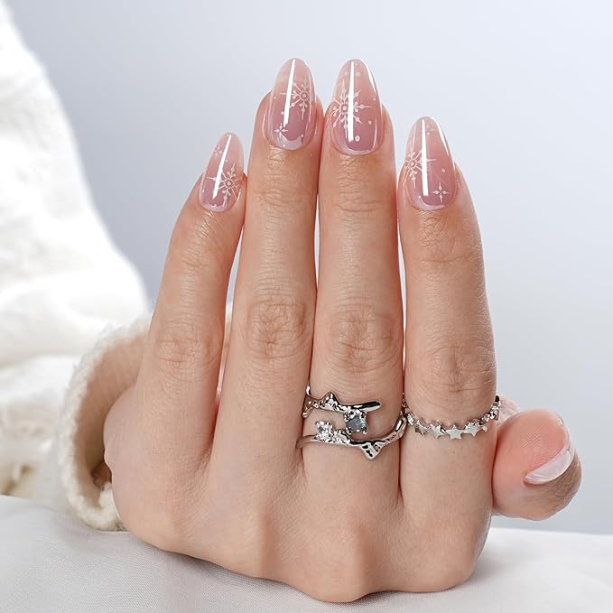 Pink Press on Nails, Short Press on Nails Almond Reusable Glossy Snowflake Nails Soft Gel False Nails Press ons for Women, 16 Sizes 32 Count Nails Kit with Glue (SV-15)