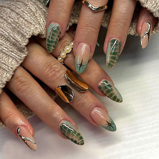 24Pcs Star Press on Nails Medium Almond Fake Nails with Green Turtle Pattern French Tip False Nails Glossy Artificial Nails Full Cover Artificial Glue on Nails Cute Stick on Nails for Women Manicure