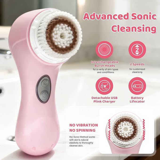 Clarisonic Mia 2 Electric Face Cleansing Brush with 2 Brush Heads, Sonic Facial Brush for Deep Cleaning & Exfoliation, Waterproof Rechargeable (Pink)