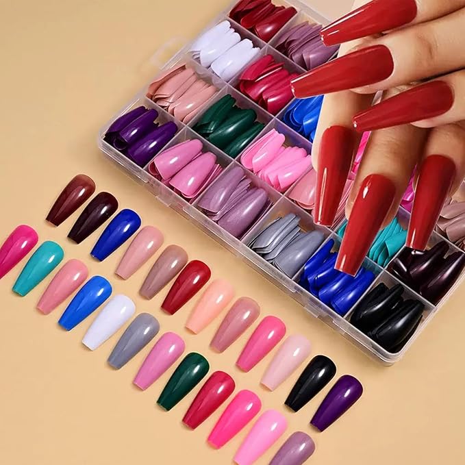 576Pcs Long Press on Nails Coffin Fake Nails Solid Color False Nails Full Cover Glossy Acrylic Glue on Nails 24 Color Reusable Artificial Nail Stick on Nail for Women Manicure
