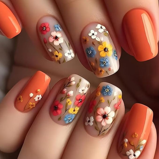 Flower Press on Nails Short Square Fake Nails Glue on Nails with Colorful Floral Design Small Flowers Acrylic False Nails Manicure Art Full Cover Stick on Nails for Wedding Birthday Women 24Pcs