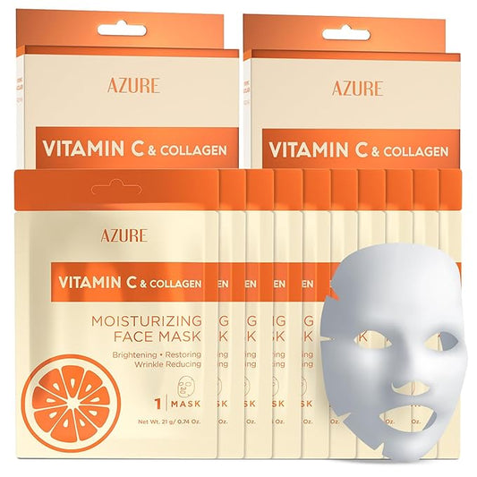Azure Cosmetics Vitamin C & Collagen Moisturizing Facial Sheet Mask- Anti Aging, Deeply Moisturizing & Firming - Improves Elasticity - Skin Care Made in Korea - Pack of 5