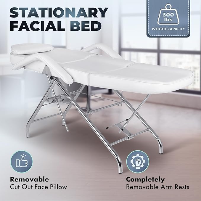 Buy-Rite Stationary Facial Bed – White Vinyl, Thick Foam Cushion, Adjustable Headrest, Backrest & Leg Rest, Removable Face Pillow & Armrests – SY-3557 – 300 lb Capacity