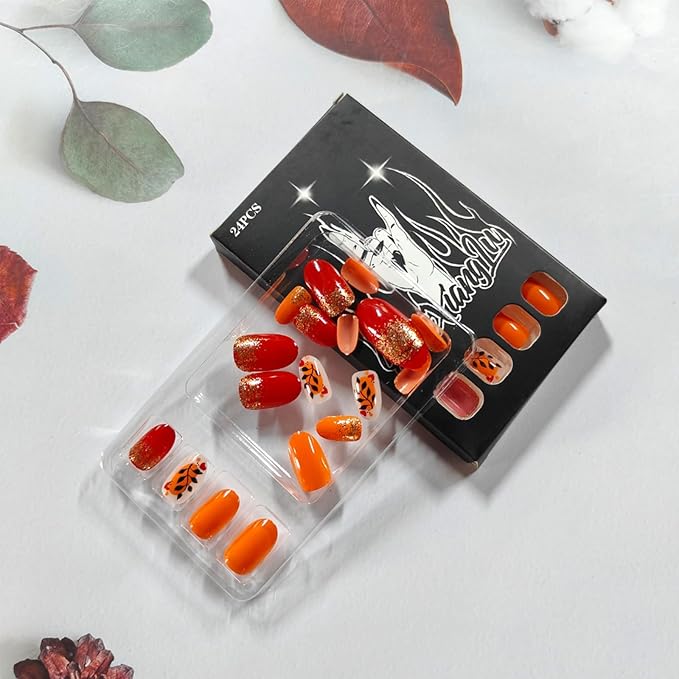 Fall Press on Nails Short Oval Fake Nails Gold Glitter False Nail with Black Leaf Designs Orange Red Glossy Glue on Nails Cute Acrylic Nail Press ons Reusable Manicure Kit for Women 24Pcs