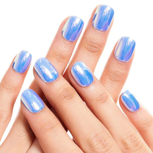 GLAMERMAID Extra Short Press on Nails 24PCS, Handmade Lake Blue Chrome Fall Gel Glue on Nails, Glossy Round Reusable UV Finish Fake Nails Acrylic False Nails Manicure Kits for Women