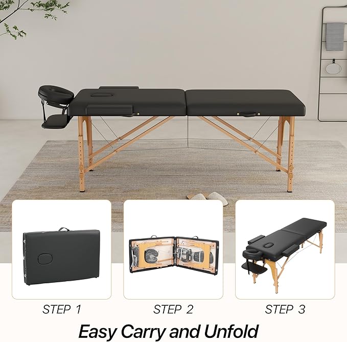 Massage Table Massage Bed, 27'' Wide Portable 2 Section Foldable Tattoo Bed, Height Adjustable Lash Spa Bed with Face Cradle, Home Light Weight Facial Salon Bed with Wood Frame, Black