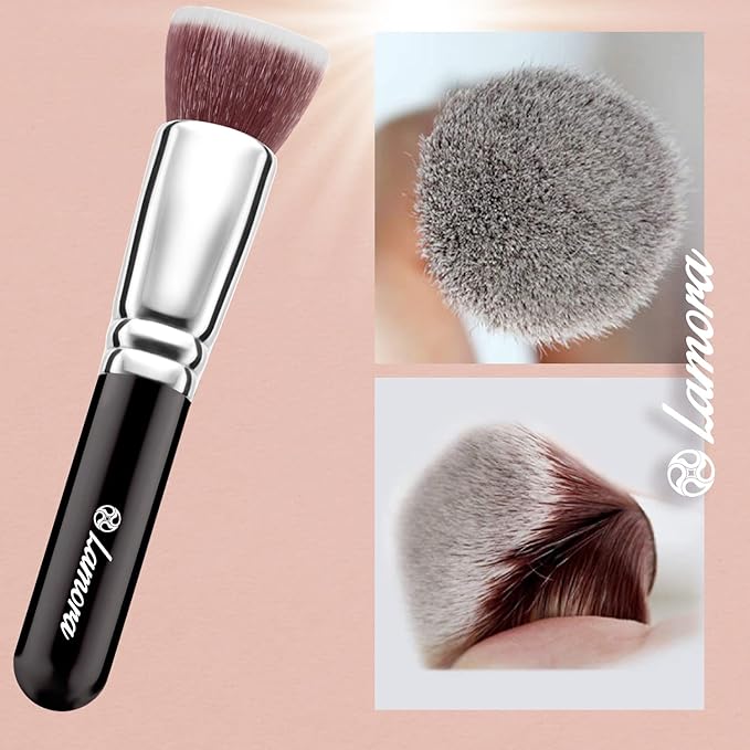 LAMORA Foundation Brush for Liquid Makeup - Kabuki Face Brush for Cream, Powder, Blush, and Concealer - Flat Top Blending, Buffing, Stippling Brush