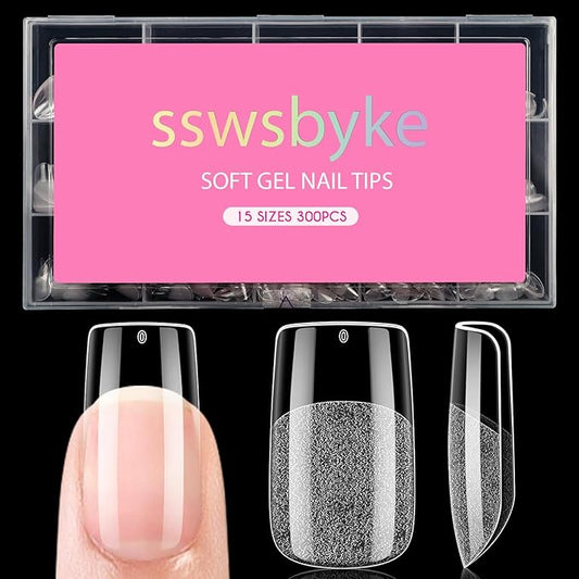 Short Square Nail Tips, SSWSBYKE 300pcs Soft Gel Nail Tips for Full Cover Pre-Shaped Acrylic Fake Nails Tips 15 Sizes Half Matte Press On Nails for Extension Home DIY Salon