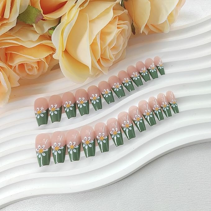Coffin Press on Nails Medium Green French Tip False Nails with White Flower Design Coffin Nails Press ons Light Pink Full Cover Glue on Nails Glossy Fake Nails Cute Stick on Nails for Women 24Pcs