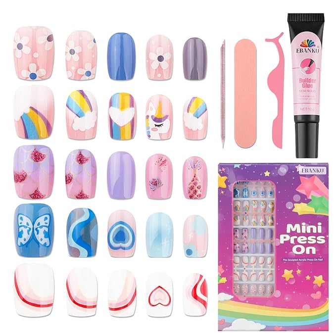 130 Pieces Press on Nails for Kids, EBANKU Child Fake Nails Rainbow Full Cover Short Stick On False Nail Kits Set with Nail Glue for Girl