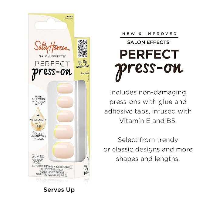 Sally Hansen Salon Effects Perfect Press-On Nails | Sq-oval Shape | Easy to Apply, Non-Damaging | 30 Nails, Nail Glue, Adhesive Tabs, File | Serves Up