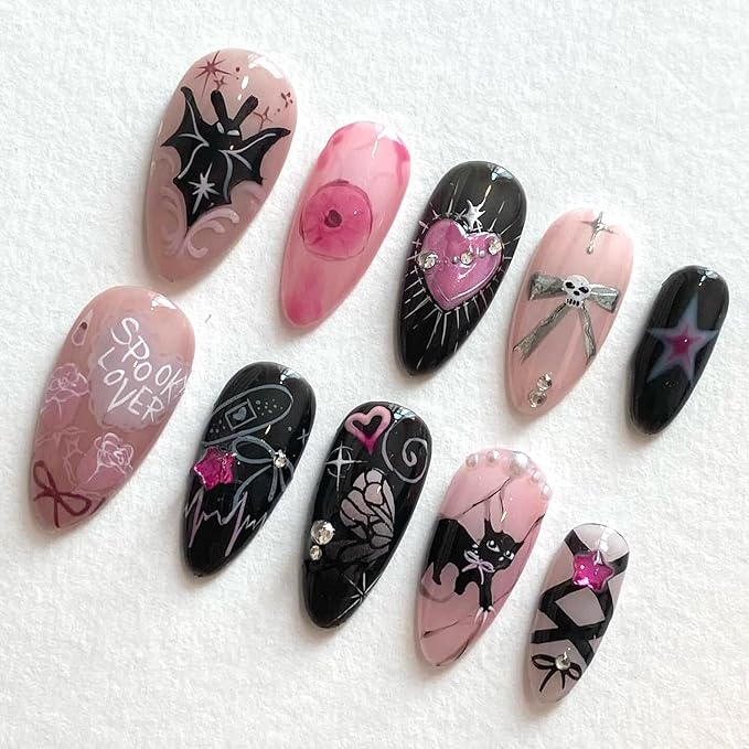24Pcs Halloween Press on Nails Medium Almond Fake Nails with Gothic Bat Heart Bow Rhinestones Design Glossy Y2k Glitter False Nails Cute Halloween Stick on Nails Cat Nail for Women DIY