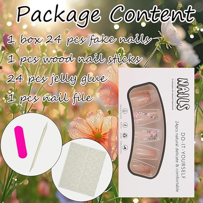 24Pcs French Tip Press on Nails Medium Square Fake Nails 3D Nail Tip Design Glue on Nails Flower Charms Rhinestone Full Cover Luxury Acrylic Nails Nude Pink Artificial False Nails Kits for Women