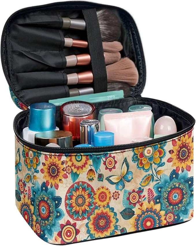 Boho Style Mandala Butterfly Pattern Travel Makeup Bags for Women Portable Tote Cosmetic Case with Carry Handle Toiletry Accessories Storage Organizer Bags