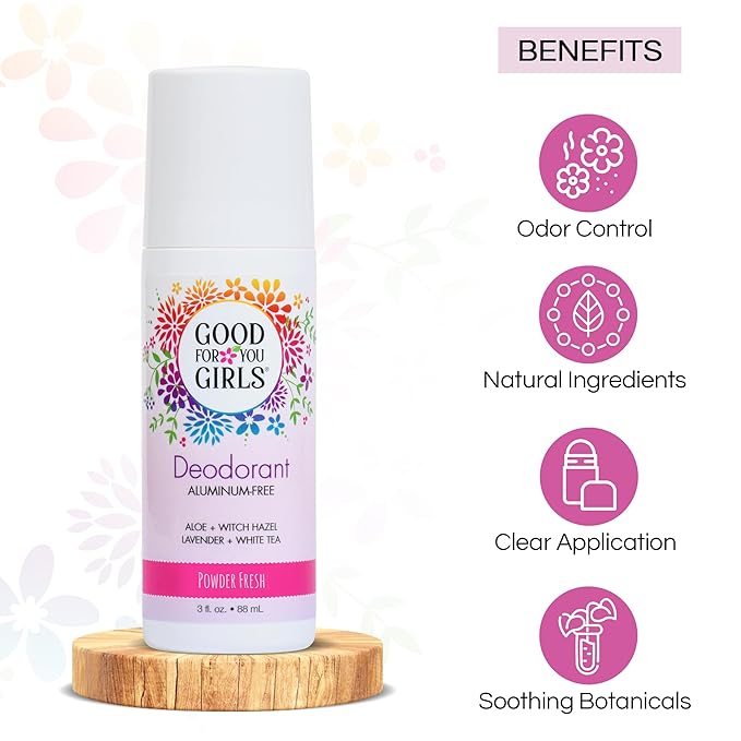 Good for You Girls Aluminum-Free, Natural & Vegan Deodorant for Kids, Preteens, Teens, Safe & Effective Odor Protection, Clear Roll-On, Natural Fragrance | Soft Powder, 3 oz (Pack of 2)