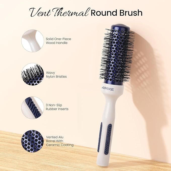 AIMIKE Nano Ionic Tech Small Round Brush, Ceramic Round Brush for Blow Drying, Styling and Boost Volume, Natural Wood Round Hair Brush, One Piece Design - 1.4 Inch/35mm