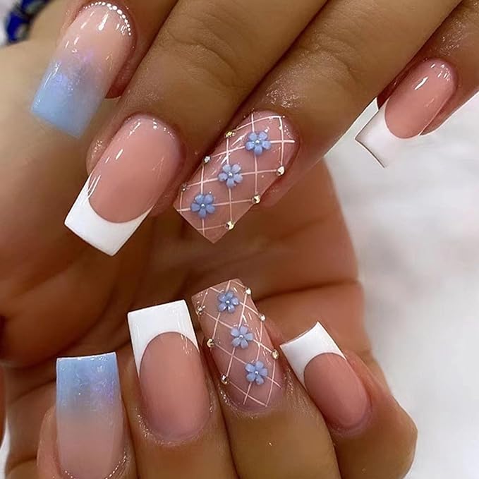 Spring Press on Nails Medium Square Fake Nails with 3D Flower Pearl Designs White French Tip Nails Press ons Glossy Glue on Nails Blue Gradient Acrylic Nails Nude Stick on Nails for Women 24Pcs