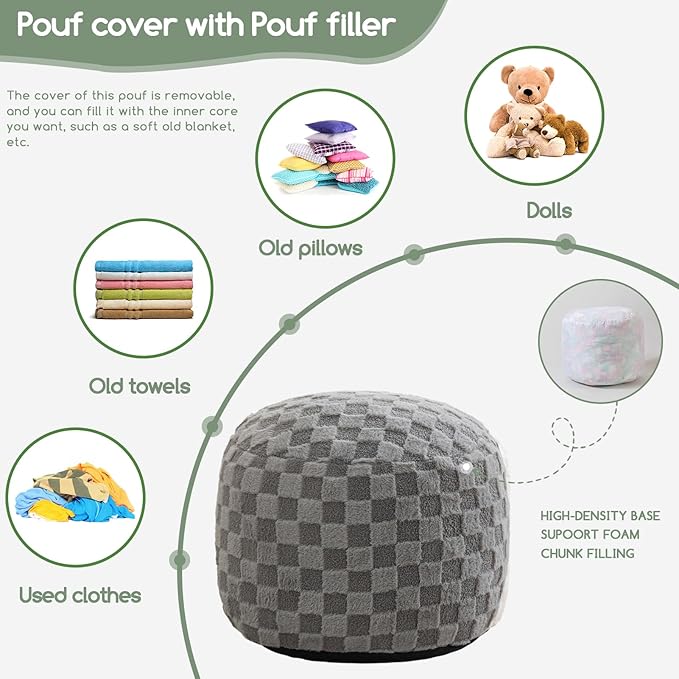 HIGOGOGO Round Stuffed Pouf Ottoman, Plaid Poufs with Foam Chunk Filling, Fluffy and Furry Pouf Foot Stool Storage Ottoman, 26 X 18 Floor Poufs Foot Rest for Living Room, Grey
