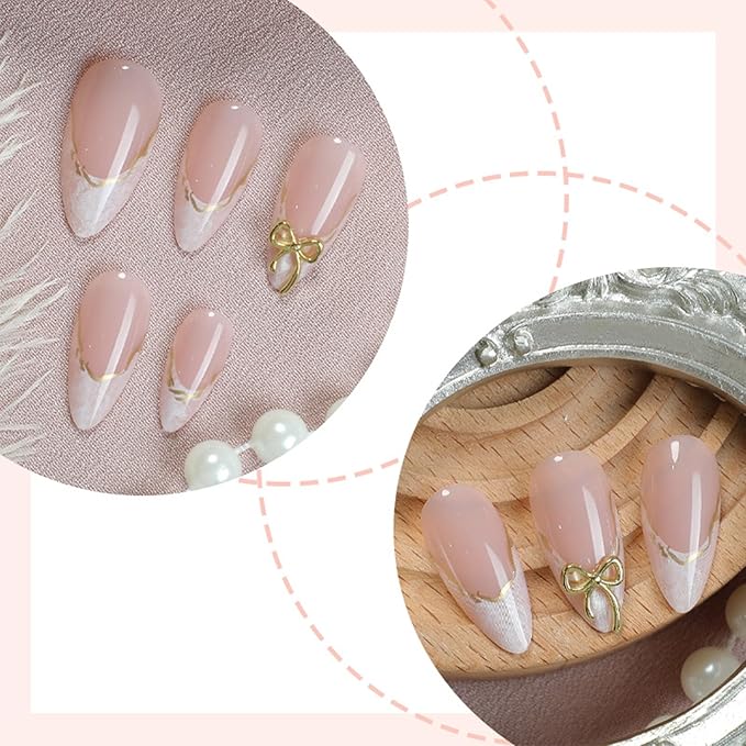 White French Tips Press on Nails 24Pcs Gold Bow Press ons Fingernails Curve Line Gel Glue on Acrylic Fake Nails Glossy Nude Medium Almond False Nail Gradient Stick on Nail for Holiday Manicure Art