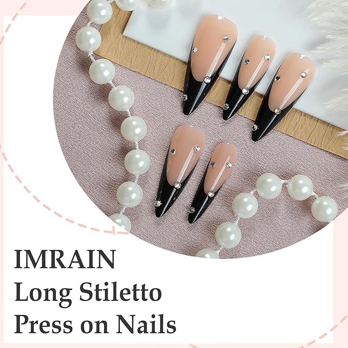 IMRAIN Long Press on Nails Stiletto Fake Nails Black French Tips False Nails with Rhinestone Designs Reusable Acrylic Nude Full Cover Glue on Nails 24Pcs