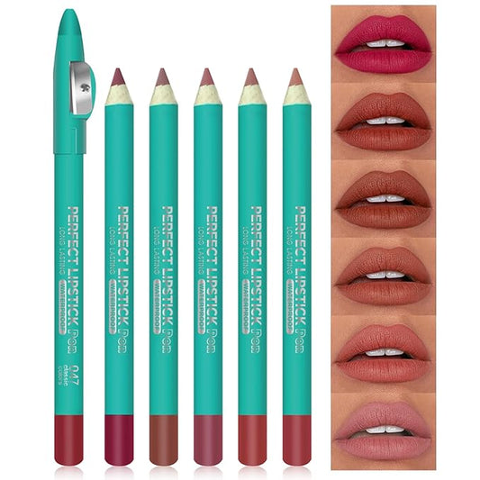 Erinde 6PCS Lip Liner Pencil, Nude Lip Liner Set with Lip Liner Sharpener, Matte Dark Brown Pink Red Mauve Series Lip Liner Pack, Waterproof Long Lasting Liner Crayon Lipstick for Women Daily Makeup