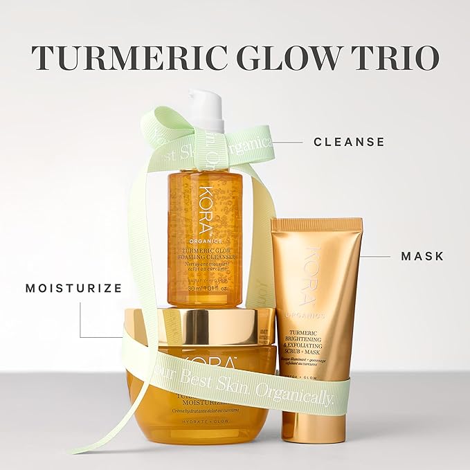 KORA Organics Turmeric Glow Brightening Trio, Gift Set with Turmeric Glow Moisturizer, Exfoliating Mask and Foaming Cleanser (3 Items)