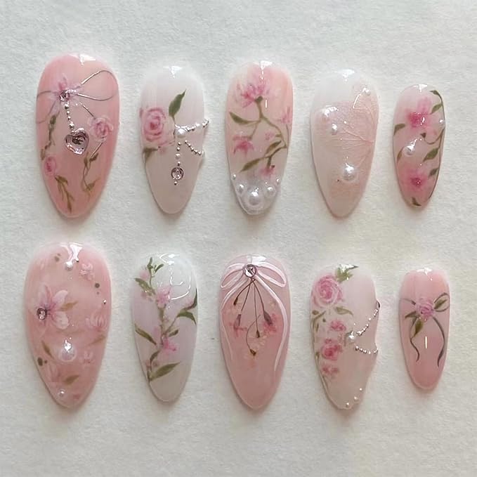 Peach Blossom Press on Nails Short Medium Almond Fake Nails with 3D Pearl Diamond Designs Pink Flower Full Cover Stick on Nails Pink White Gradient Glossy Acrylic False Nails for Women 24Pcs