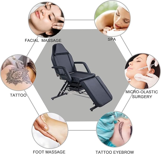 Tattoo Chair Massage Salon with Two Trays， Esthetician Bed with Hydraulic Stool,Multi-Purpose 3-Section Facial Bed Table, Adjustable Beauty Barber Spa Beauty Equipment Black