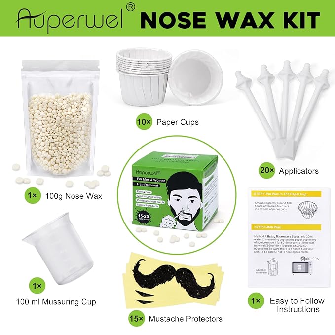 Nose Wax Kit Men and Women with 20 Applicators (15-20 Uses), Nose Hair Wax Kit for Nose & Ear Hair Removal, Painless & Fast, Long-Lasting Results Up to 5 Weeks (100g Nose Wax)