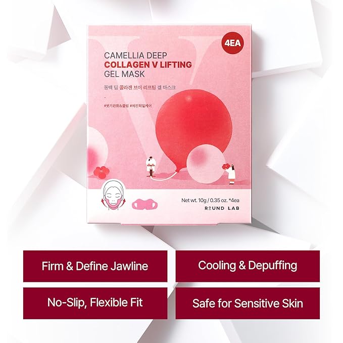 ROUND LAB Camellia Deep Collagen V Lifting Gel Mask 1ea | Double-chin Mask, Instant Cooling & Depuffing, Face Toning Belt, Collagen V-line, Improves Sagging Skin, Lifting & Firming 10g/0.35oz