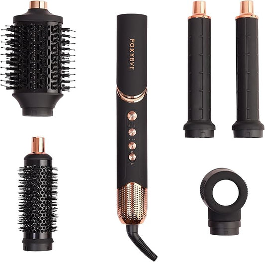 FoxyBae Super Styler Pro Interchangeable 5 in 1 Hair Styler Wand Curling Iron Set - w/Drying Cylinder, Ceramic Blowout & Round Brushes, 2 Auto-Wrap Curlers - Frizz-Free, Smooth Hair [Black Rose-Gold]