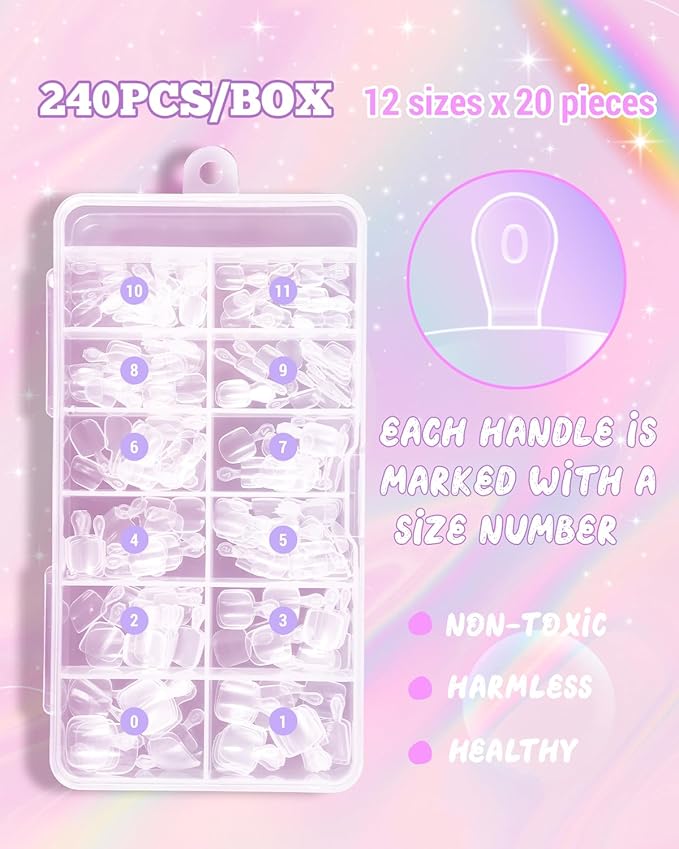 krofaue Kids Nail Tips with Handle - 240Pcs Soft Gel Press on Nails for Girls & Children for Easy DIY Nail Tips Art, 12 Sizes Fingernail Decoration