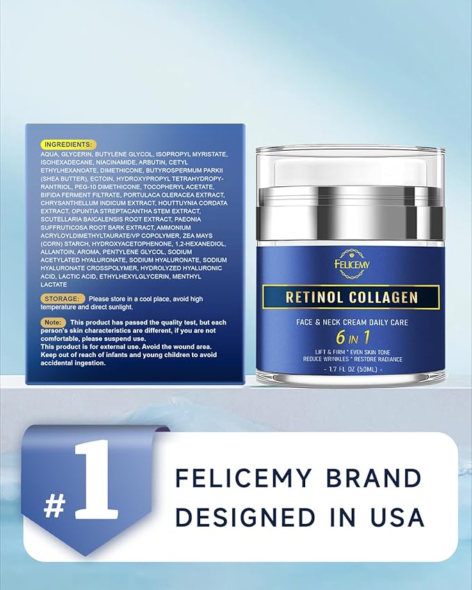 Retinol Cream for Face, Face Moisturizer with Collagen & Hyaluronic Acid, Anti Aging Neck Cream for Tightening Skin, Facial Creams Day & Night for Women and Men 2-Pack