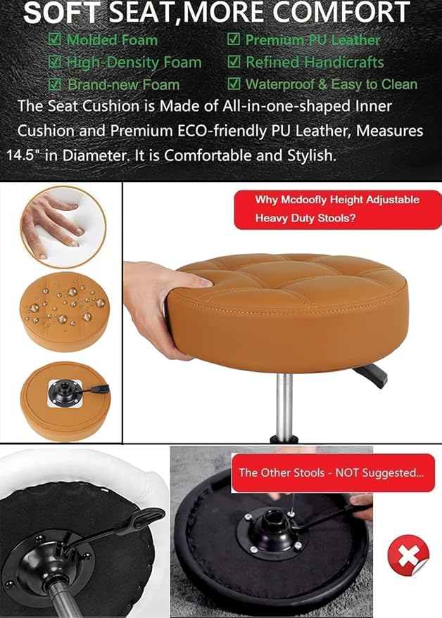 Adjustable Heavy Duty Stool - Rolling Stools with Locking Caster Wheels - Swivel Stools Backless Chair for Beauty Hair Salon Spa Home Kitchen Office Shop Massage (Camel, Height 18 to 22 in)