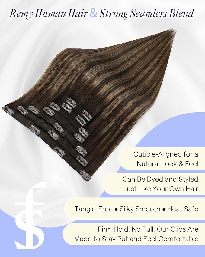 Full Shine Thick Human Hair Clip in Extensions 22 Inch Real Hair Extensions Dark Brown To Ash Brown Hair Extensions for Fullness 7 Pcs 150 G