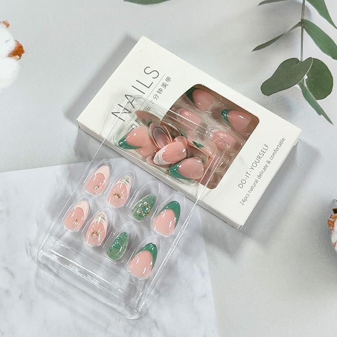 24Pcs Green Press on Nails Medium Almond French Tip Fake Nails with 3D Flower Shell Designs Acrylic Stick on Nails Pearl Gold Beads False Nail Summer Beach Glue on Nail for Women