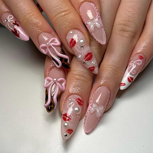 IMRAIN Medium Press on Nails Almond Fake Nails Leopard Print French Tips False Nails with Pink Bow & Red Lipstick Designs Glossy Glue on Nails Full Cover Stick on Acrylic Nails for Women Girls